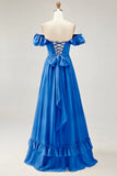 Royal Blue A line Off The Shoulder Chiffon Long Bridesmaid Dress with Slit
