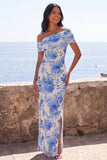 Blue Flower Off the Shoulder Wedding Guest Dress with Slit