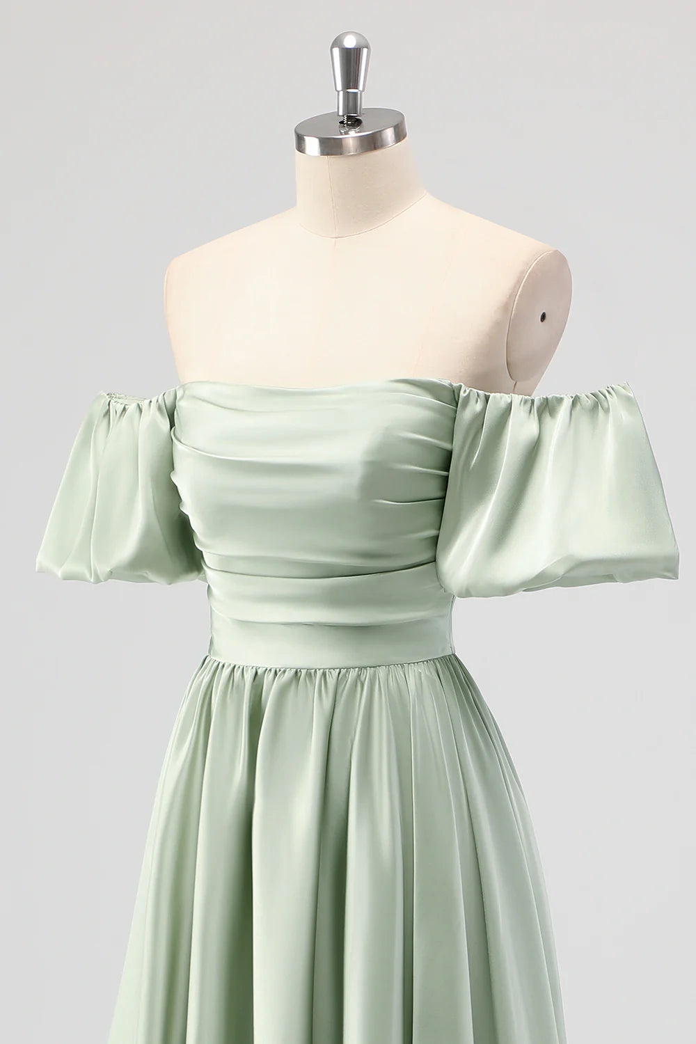 Sage Green A Line Off The Shoulder Ruched Satin Midi Dress