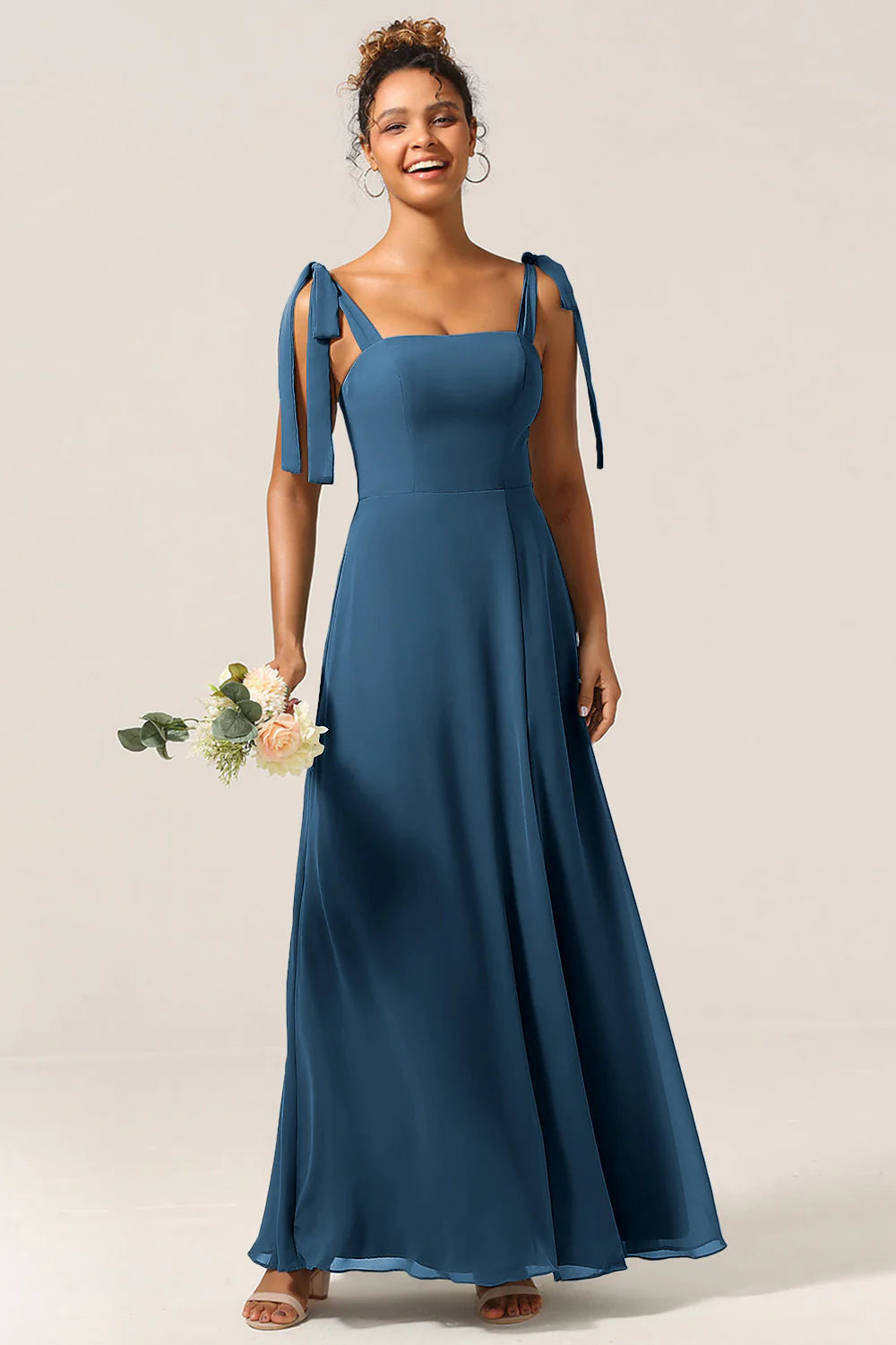 A Line Spaghetti Straps Floor Length Chiffon Bridesmaid Dress with Slit