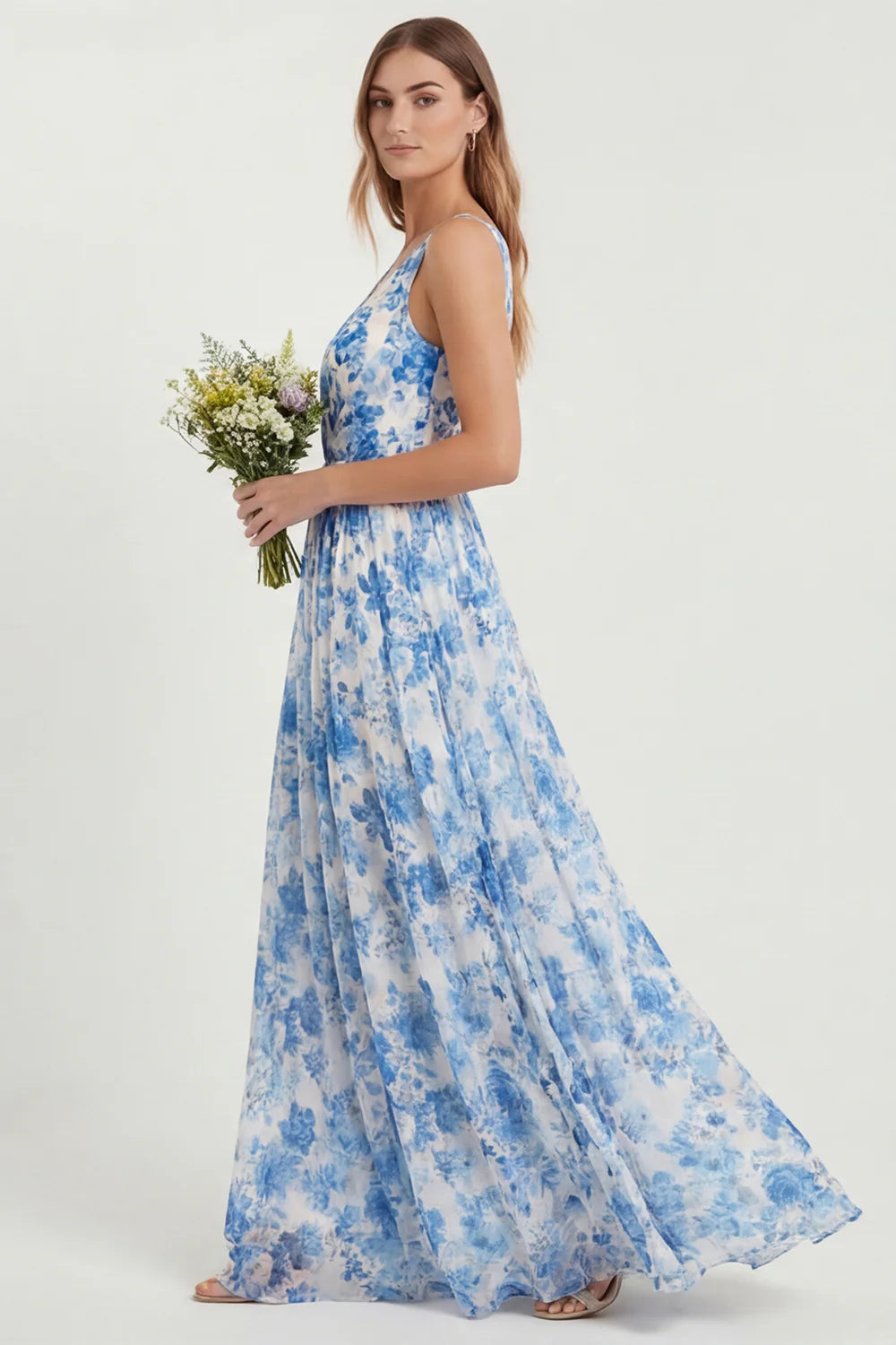 Blue Floral Printed A Line V Neck Long Bridesmaid Dress