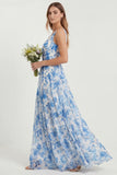 Blue Floral Printed A Line V Neck Long Bridesmaid Dress