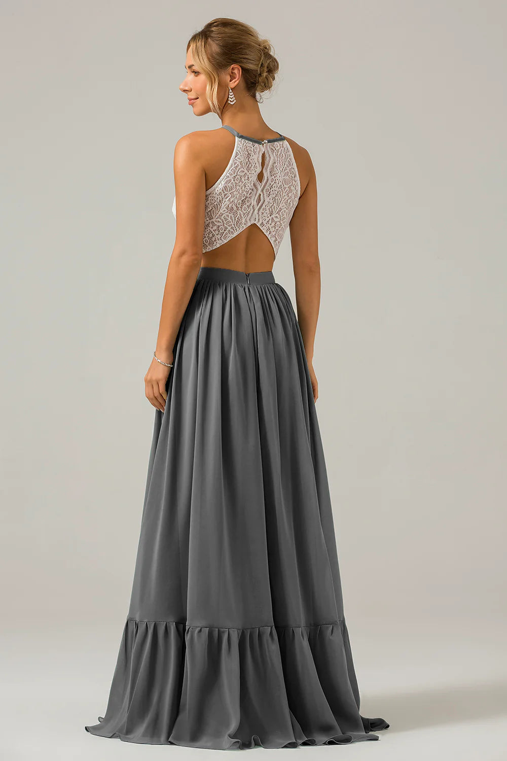 A Line Halter Pleated Keyhole Chiffon Bridesmaid Dress With Lace