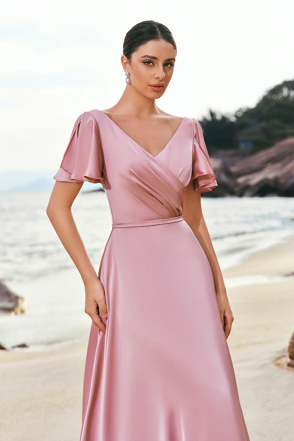 Blush Pink A Line V Neck Ruffle Sleeves Long Satin Bridesmaid Dress