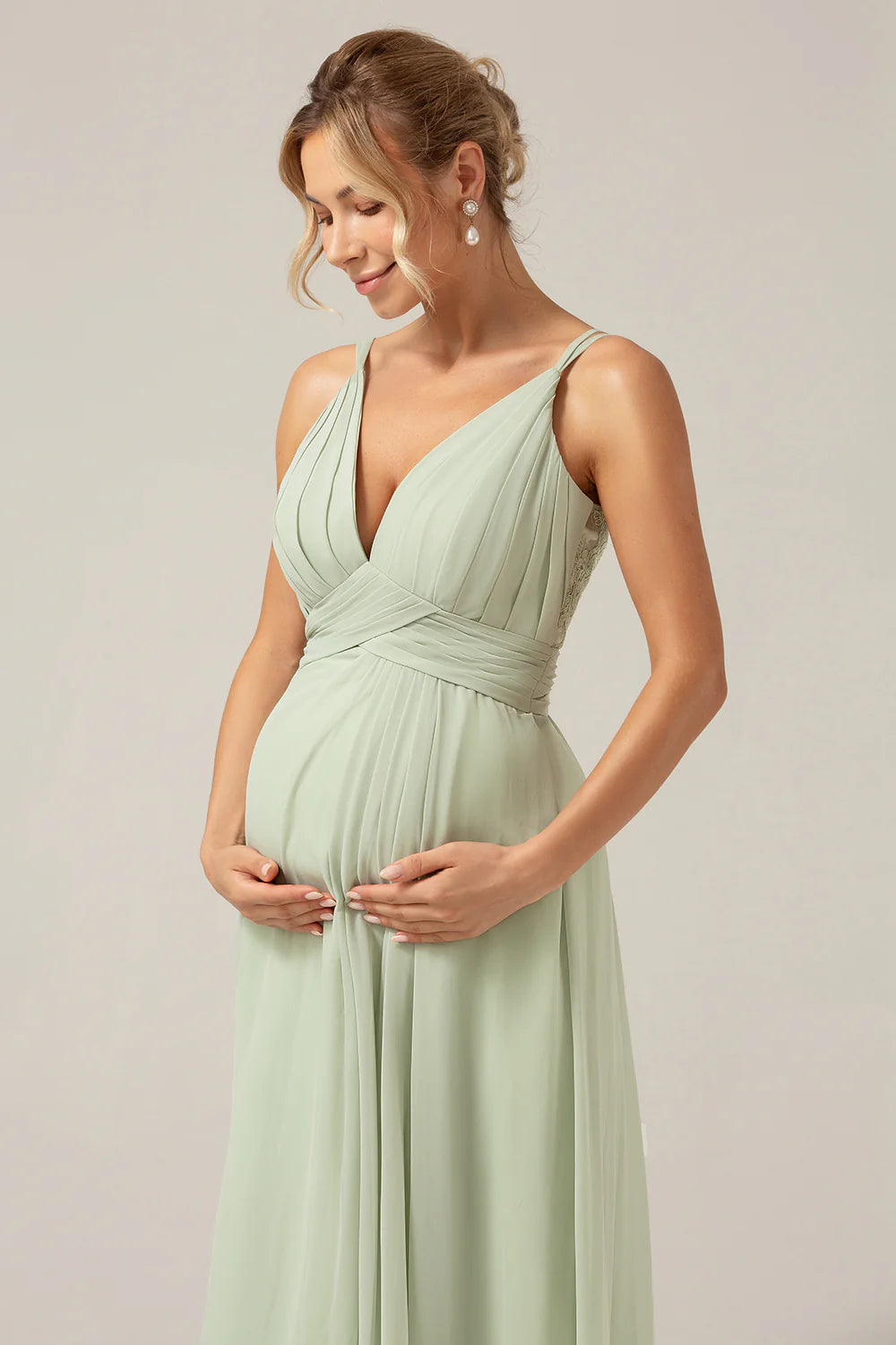 Dusty Sage A Line Spaghetti Straps Pleated Chiffon Maternity Bridesmaid Dress With Slit