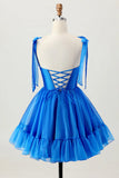 Royal Blue A Line Spaghetti Straps Ruffle Homecoming Dress with Lace Up Back