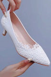 White Lace Kitten Heel Closed Toe Pointed Wedding Shoes