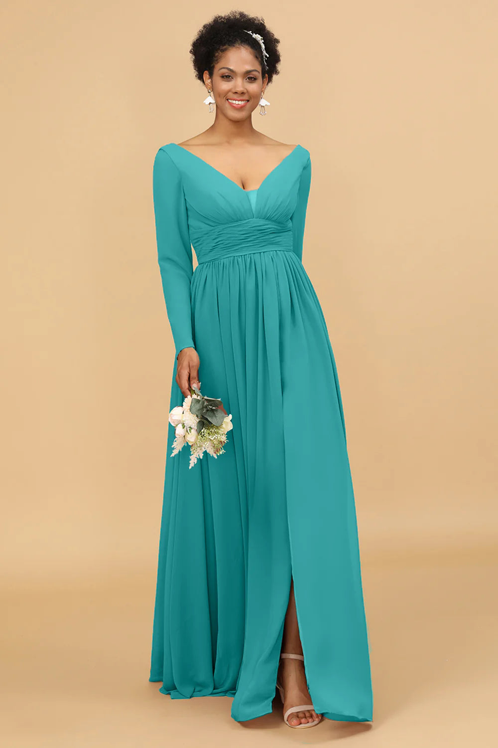 A Line V Neck Long Sleeves Chiffon Bridesmaid Dress with Slit