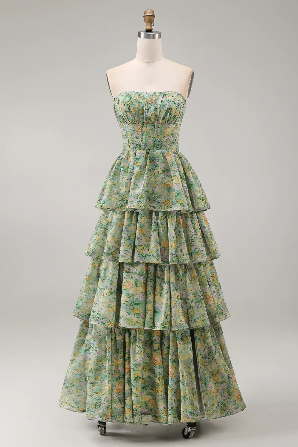 A Line Strapless Dusty Green Floral Wedding Guest Dress with Slit
