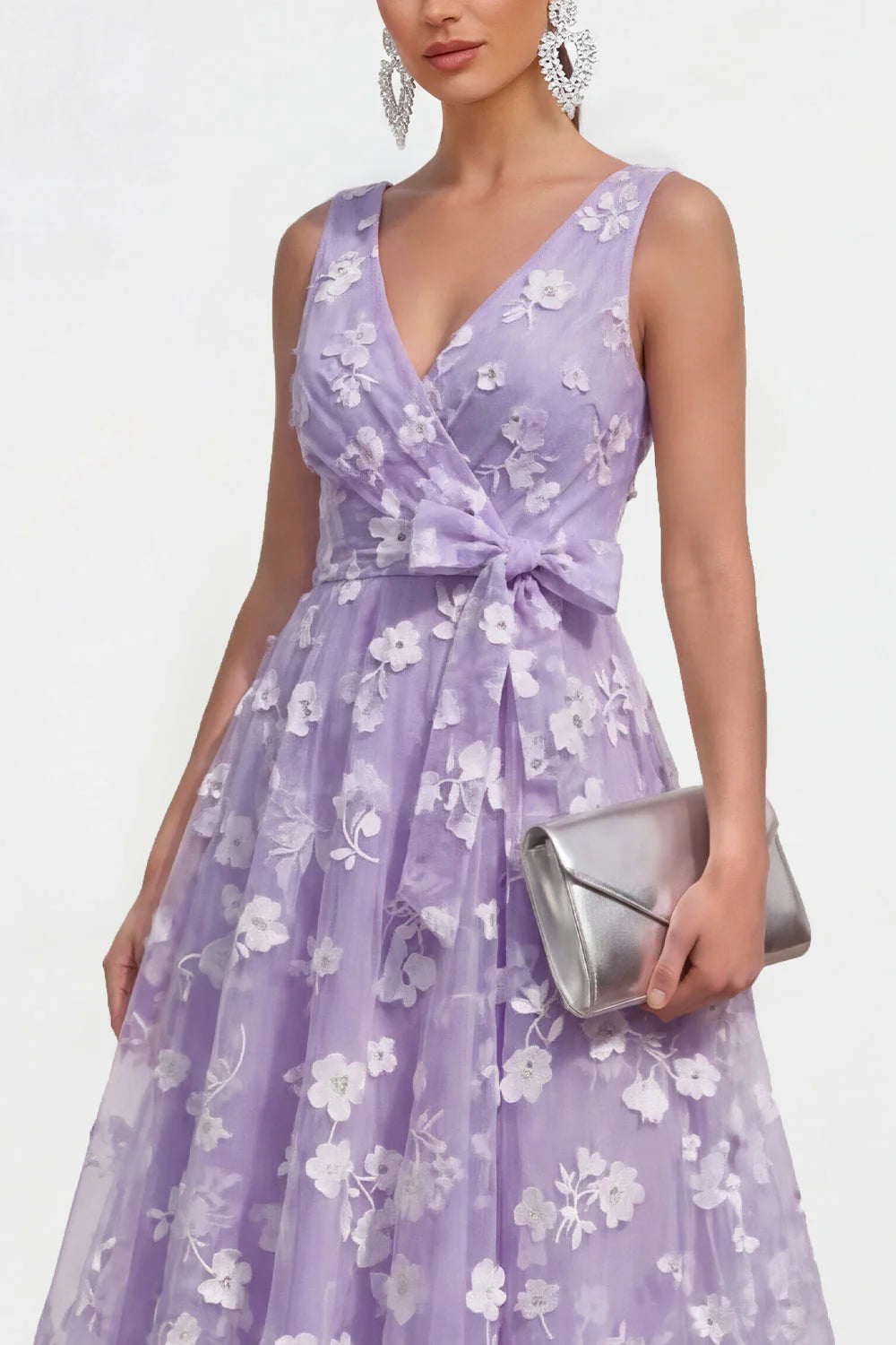 Blue Floral A Line Midi Wedding Guest Dress with Bow