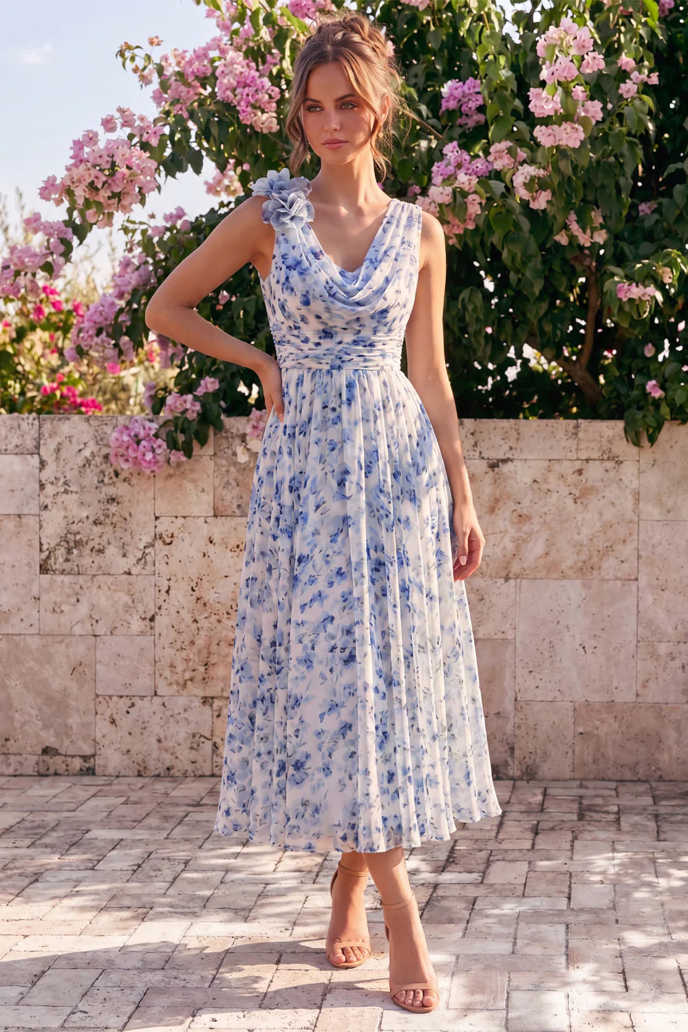 Blue Floral A Line Cowl Neck Wedding Guest Dress with 3D Flowers