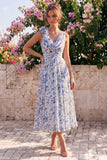 Blue Floral A Line Cowl Neck Wedding Guest Dress with 3D Flowers