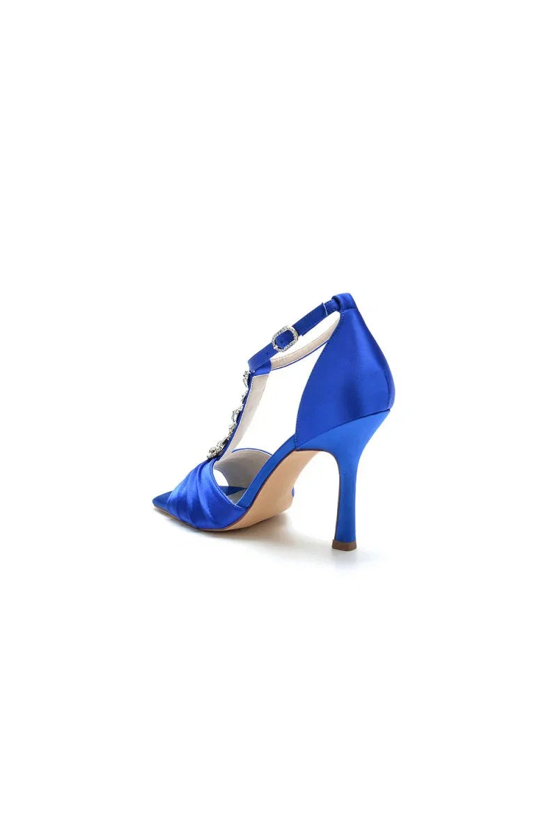 Square Open Toe Ankle Strap Satin Stiletto Heels With Rhinestone Strappy