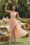 One Shoulder Floral Cut Out Light Orange Wedding Guest Dress