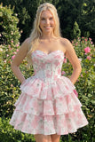 Strapless Floral A Line Sequin Corset Pink Homecoming Dress
