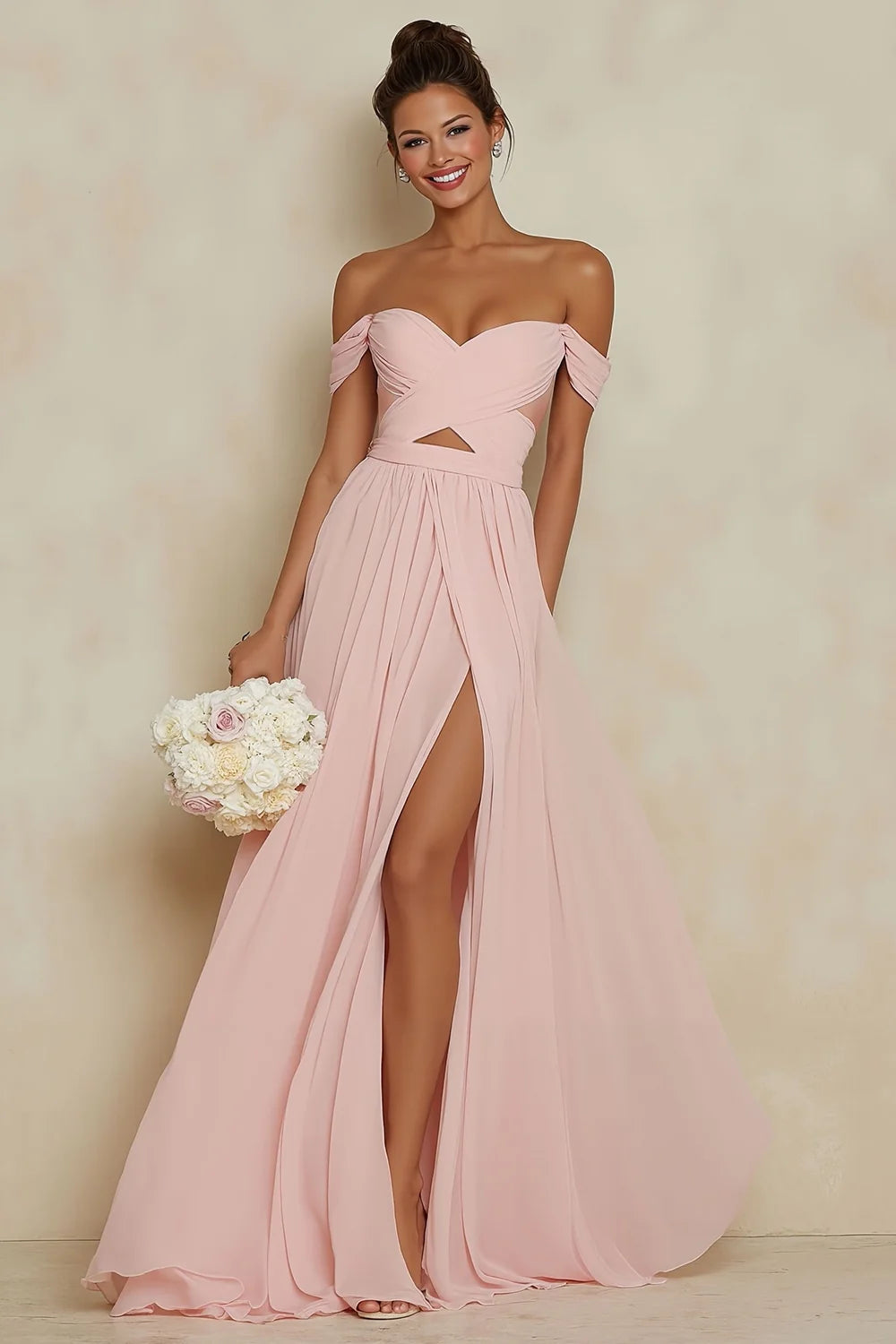 Blush Pink Off the Shoulder A Line Chiffon Cut Out Bridesmaid Dress with Slit