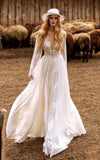 A Line Boho Lace Wedding Dress with Sleeves Plunging Neckline Sweep Train