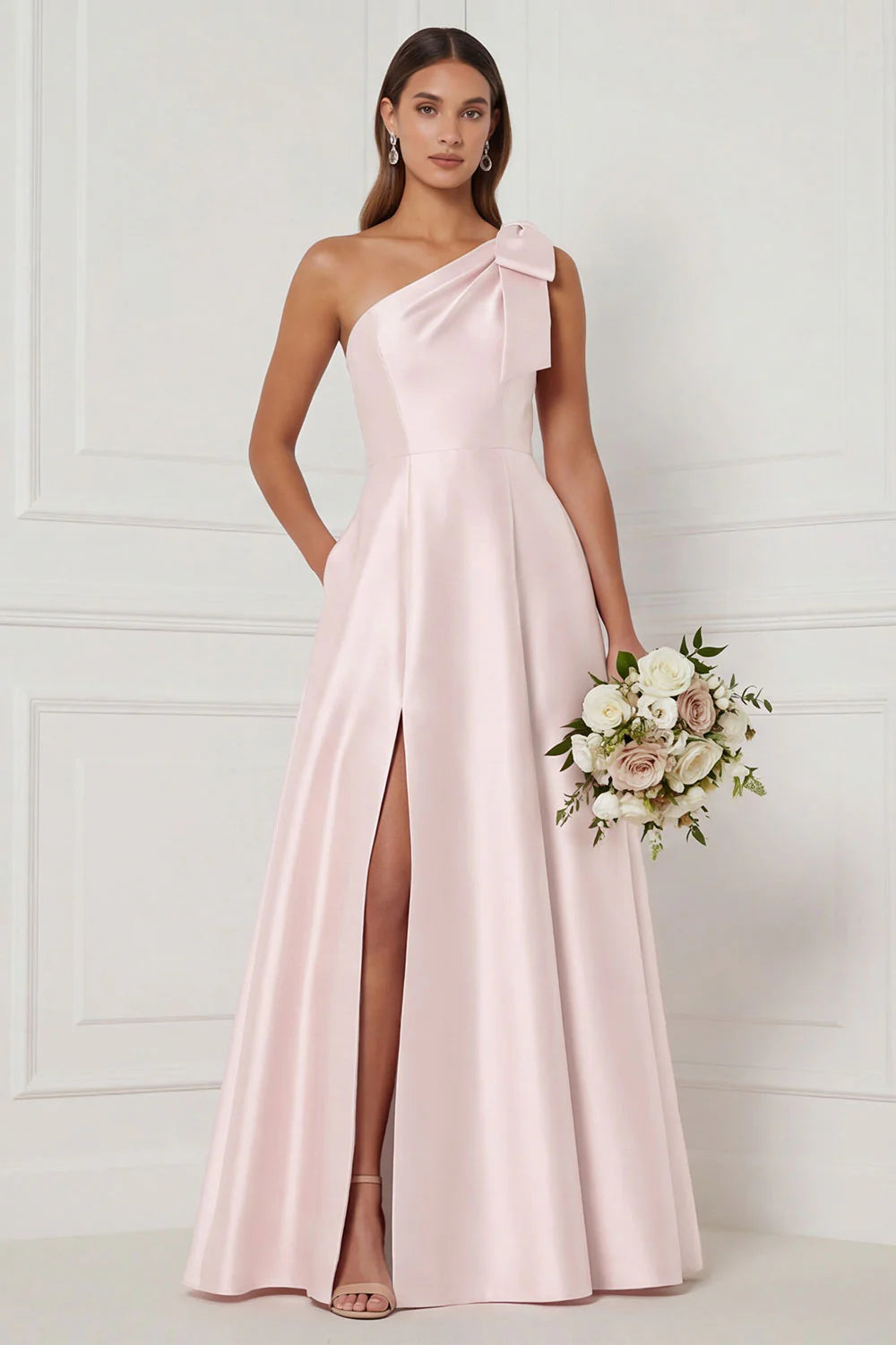 One Shoulder A Line Satin Pink Bridesmaid Dress with Slit