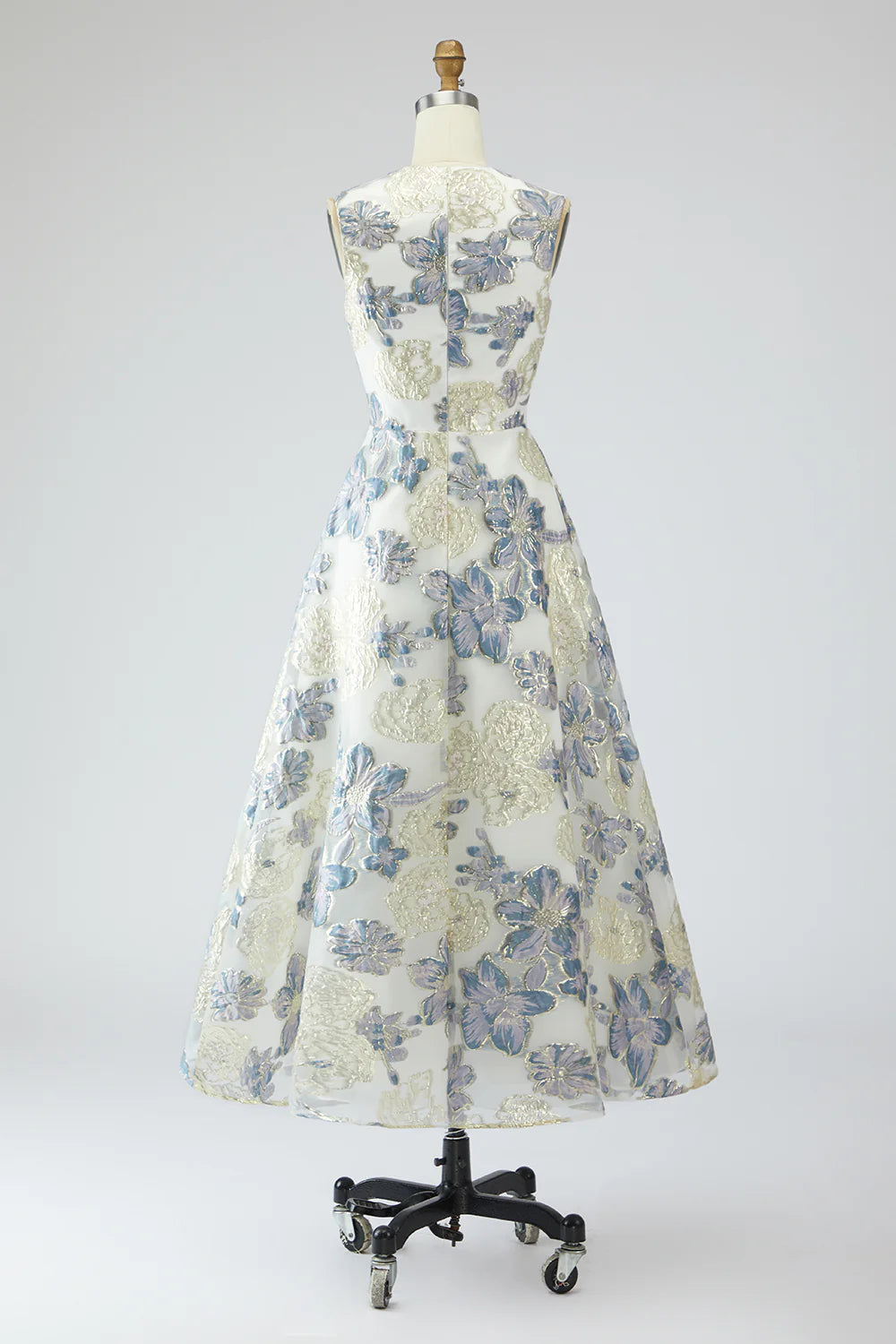 Dusty Blue A Line Floral Wedding Guest Dress with Pockets