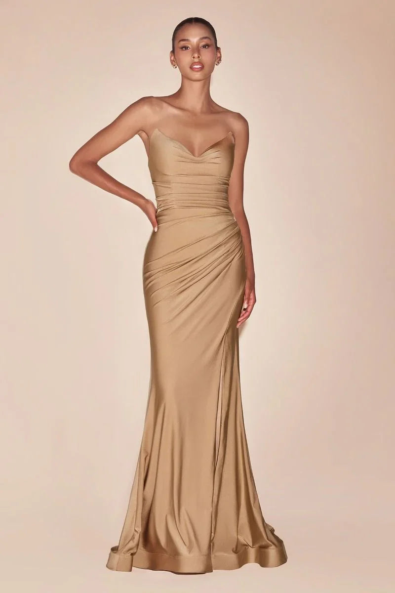 AVA POINTED V NECKLINE GOWN STRAPLESS STRETCH SPANDEX SATIN FITTED DRESS