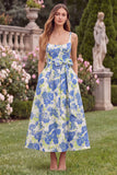 Blue Floral A Line Square Neck Midi Wedding Guest Dress with Bow