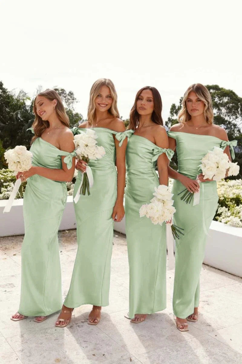 Off Shoulder Sheath Pleated Satin Sky Blue Long Bridesmaid Dress