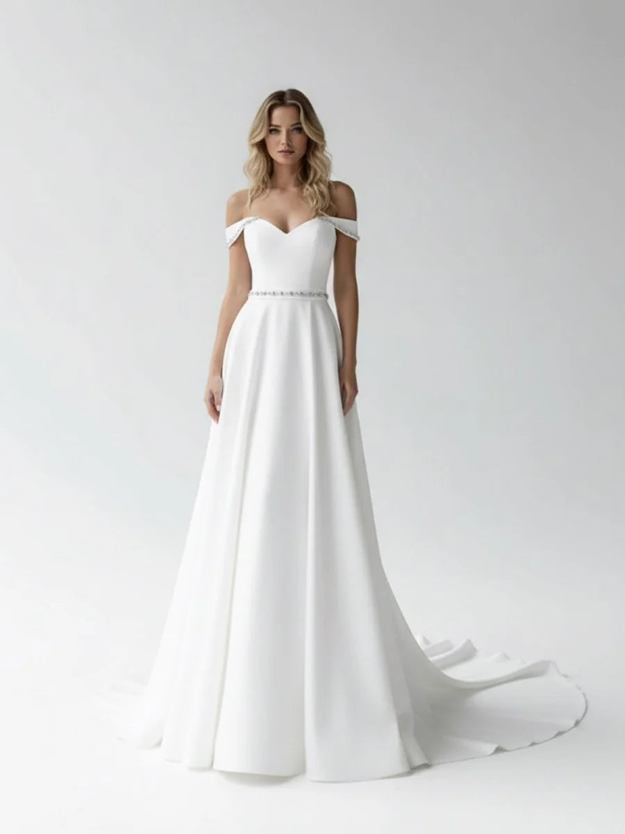 A Line Off the Shoulder Beaded Wedding Dress