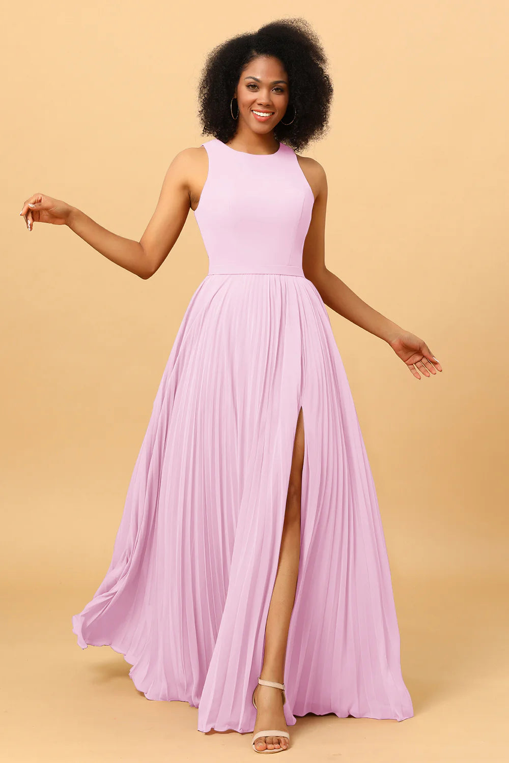 A Line Pleated Long Chiffon Bridesmaid Dress with Ruffles