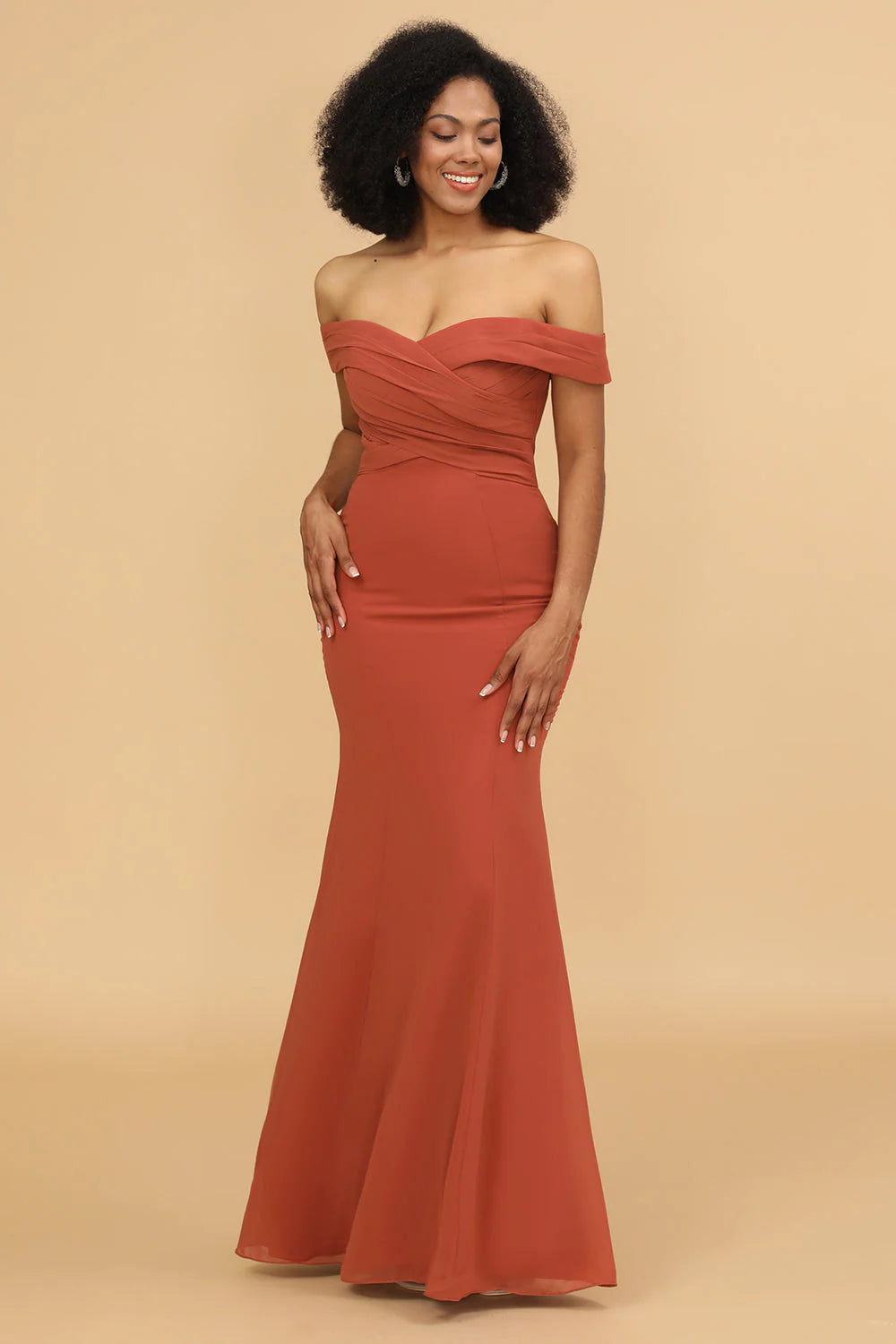 Off the Shoulder Mermaid Ruched Chiffon Bridesmaid Dress