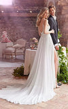 A Line Spaghetti Chiffon Wedding Dress Simple Bohemian Elegant Summer Beach Garden With Open Back And Sleevesless And Split Front