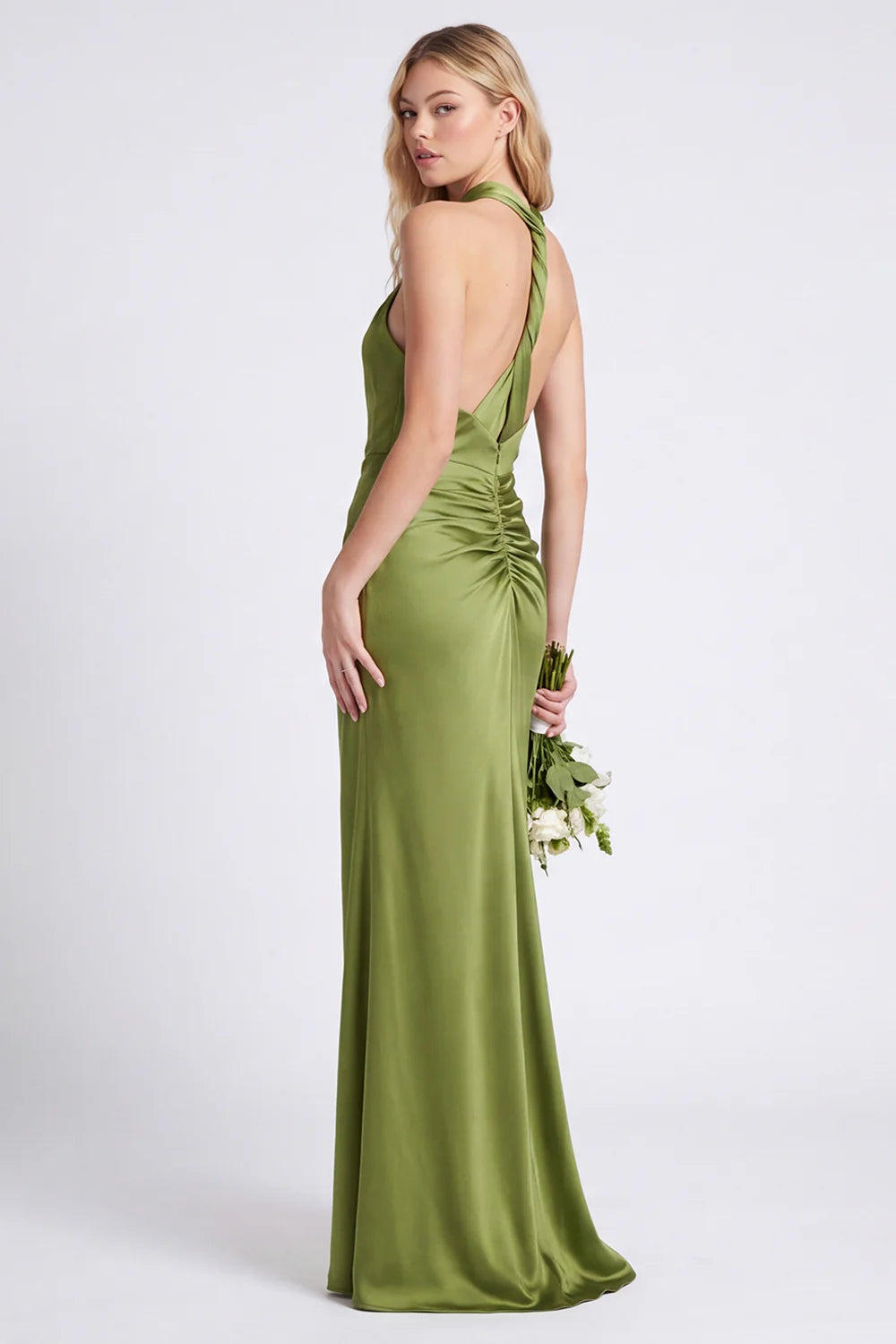 Green Halter Mermaid Ruched Long Bridesmaid Dress