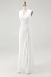 White A Line V Neck Ruched Engagement Dress