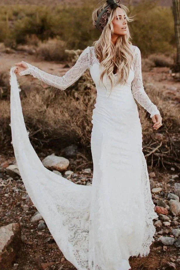 Vintage Sheath Satin V neck Long Sleeve Wedding Dress