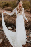 Vintage Sheath Satin V neck Long Sleeve Wedding Dress