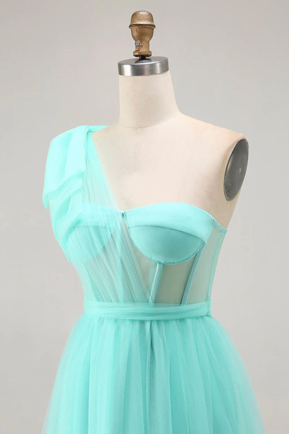 Fuchsia A Line One Shoulder Sheer Corset Tulle Long Prom Dress with Slit