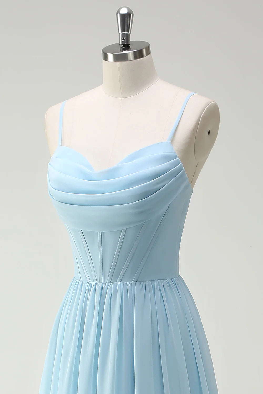 Green Floral A Line Cowl Neck Corset Long Bridesmaid Dress with Ruffle Slit