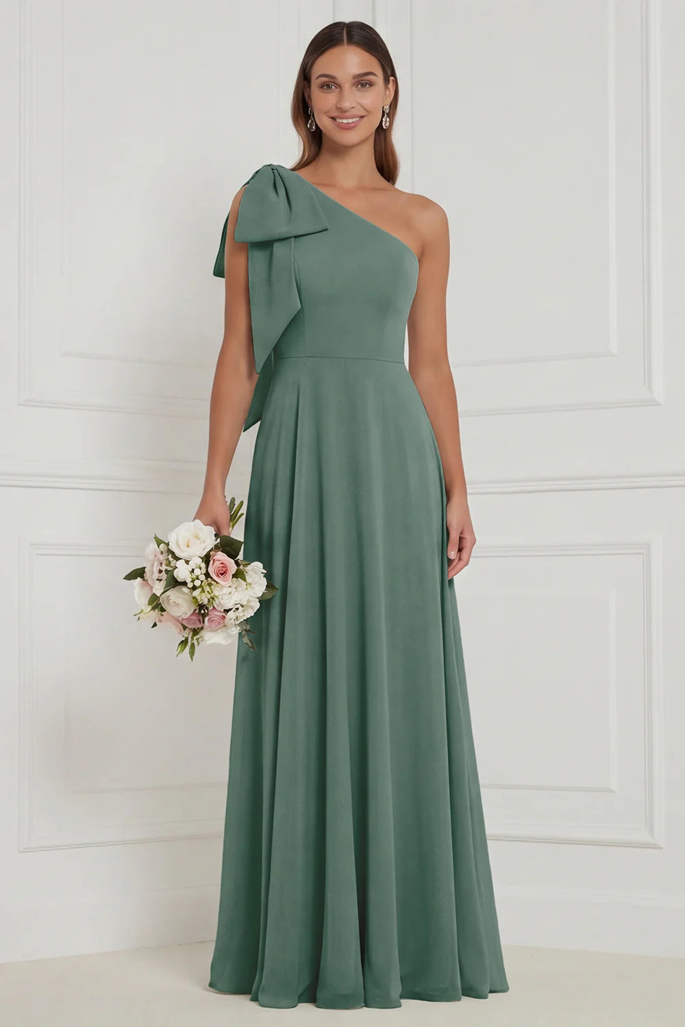 One Shoulder Bow A Line Sage Bridesmaid Dress with Lace up Back