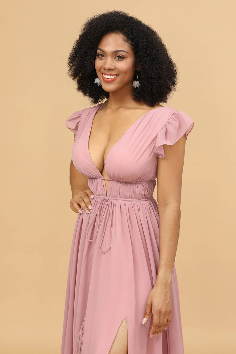 Blush A Line V Neck Long Chiffon Bridesmaid Dress with Slit