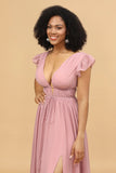 Blush A Line V Neck Long Chiffon Bridesmaid Dress with Slit