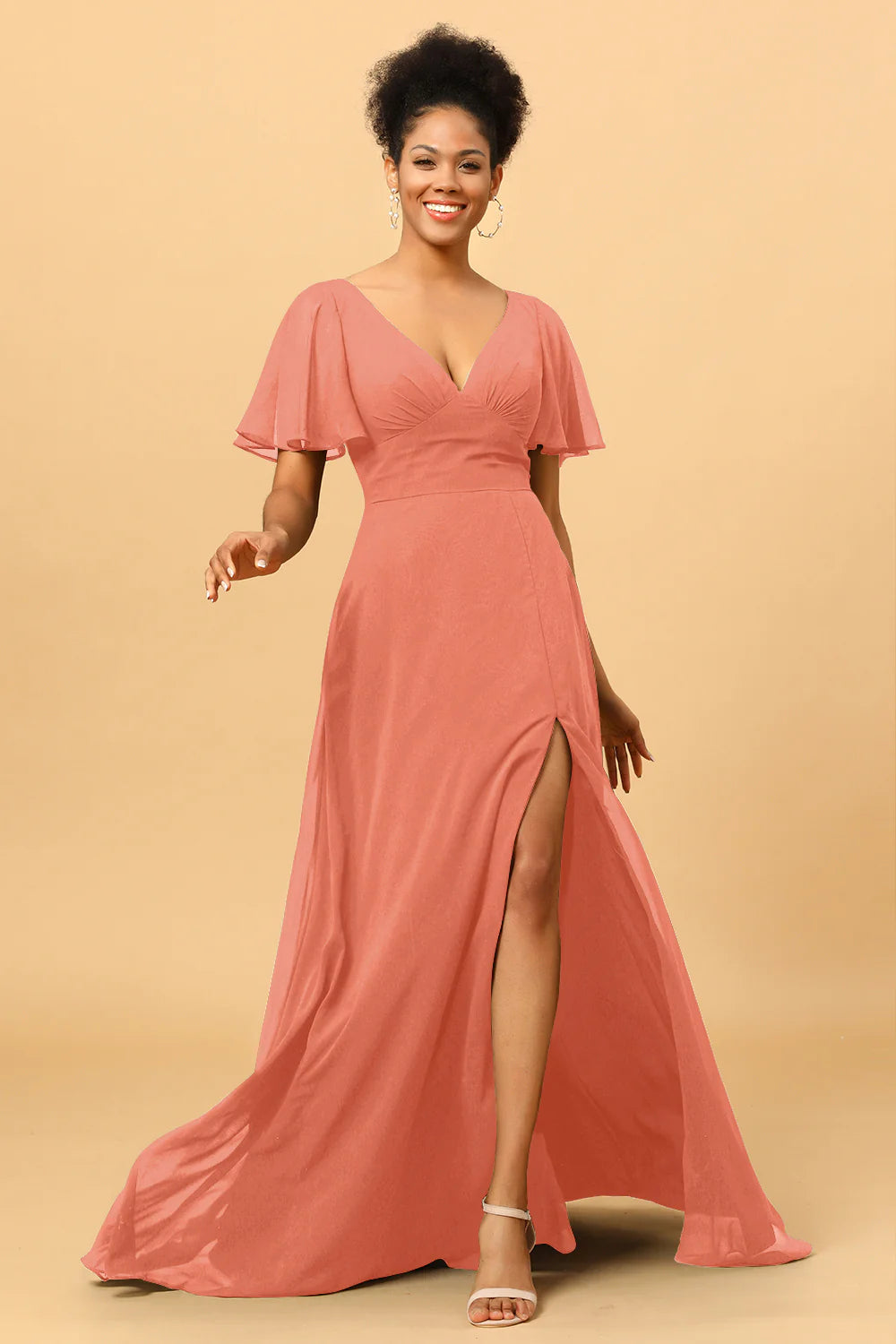 A Line V Neck Long Chiffon Bridesmaid Dress with Slit