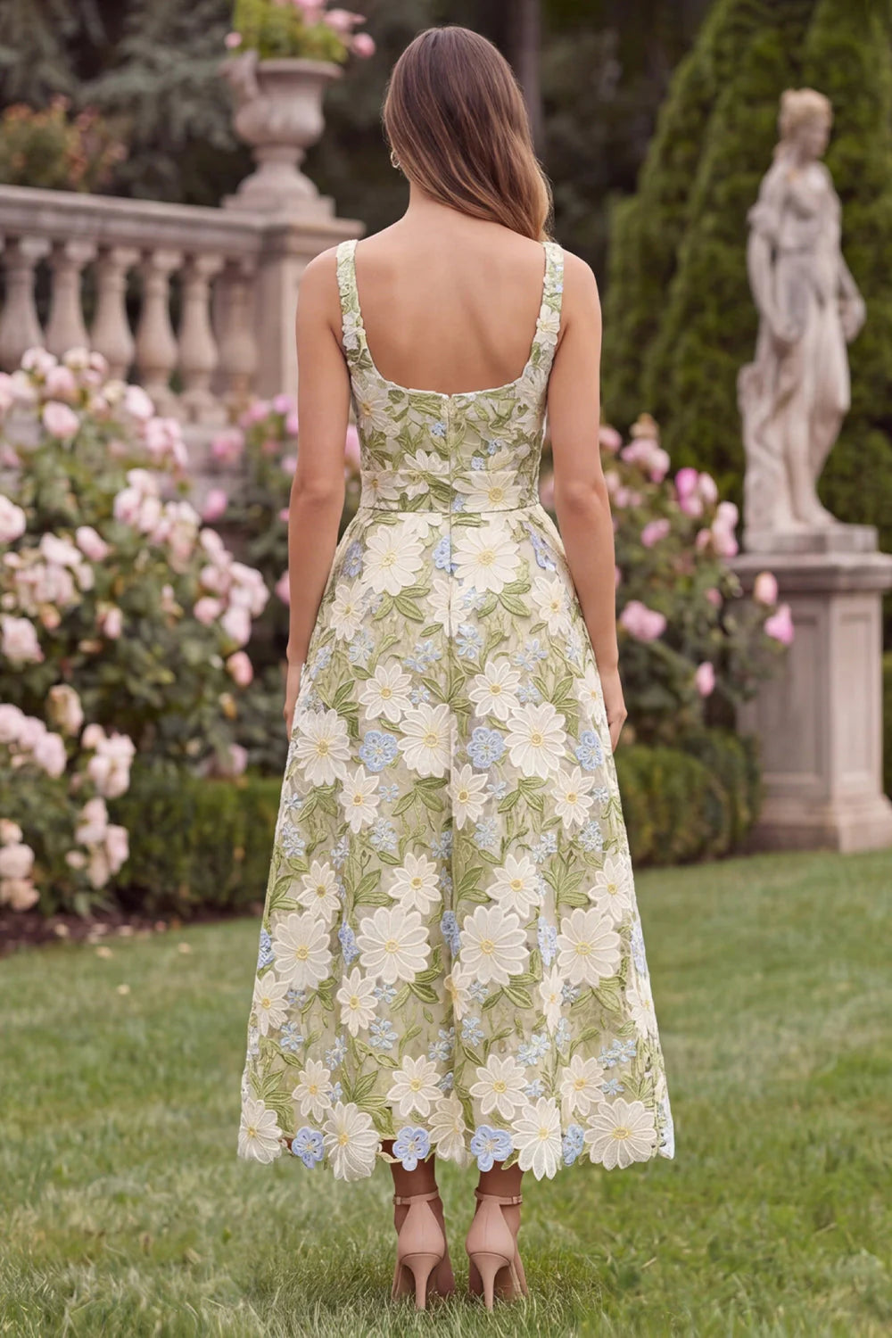 Sage Square Neck A Line Floral Wedding Guest Dress