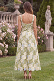 Sage Square Neck A Line Floral Wedding Guest Dress