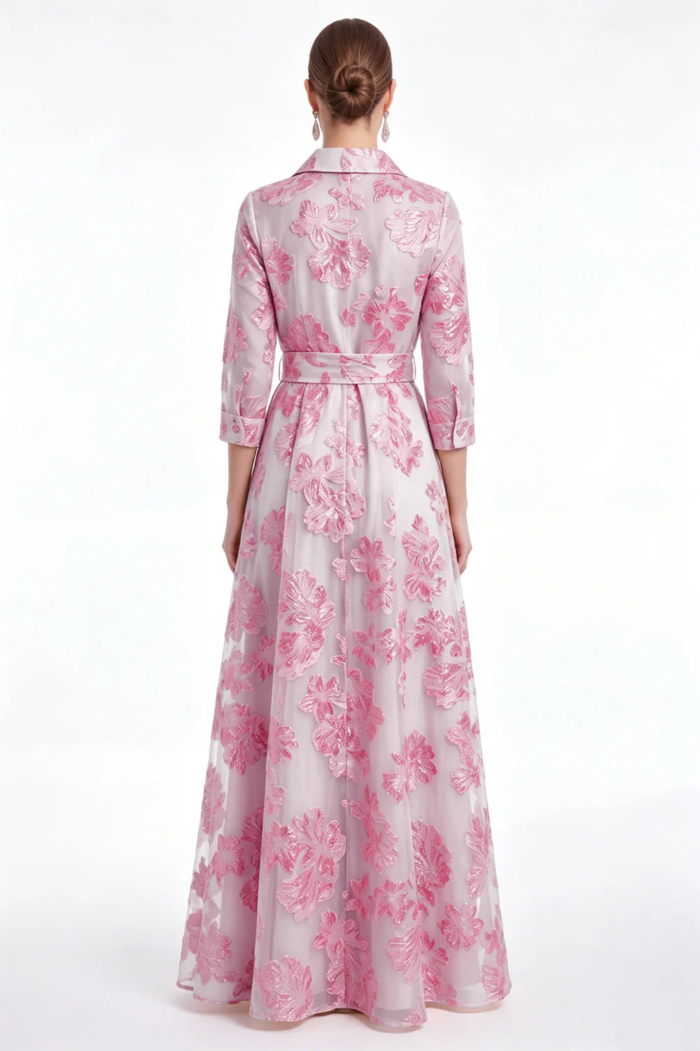 Gold Floral Jacquard A Line Collar Mother of the Bride Dress with 3 4 Sleeves
