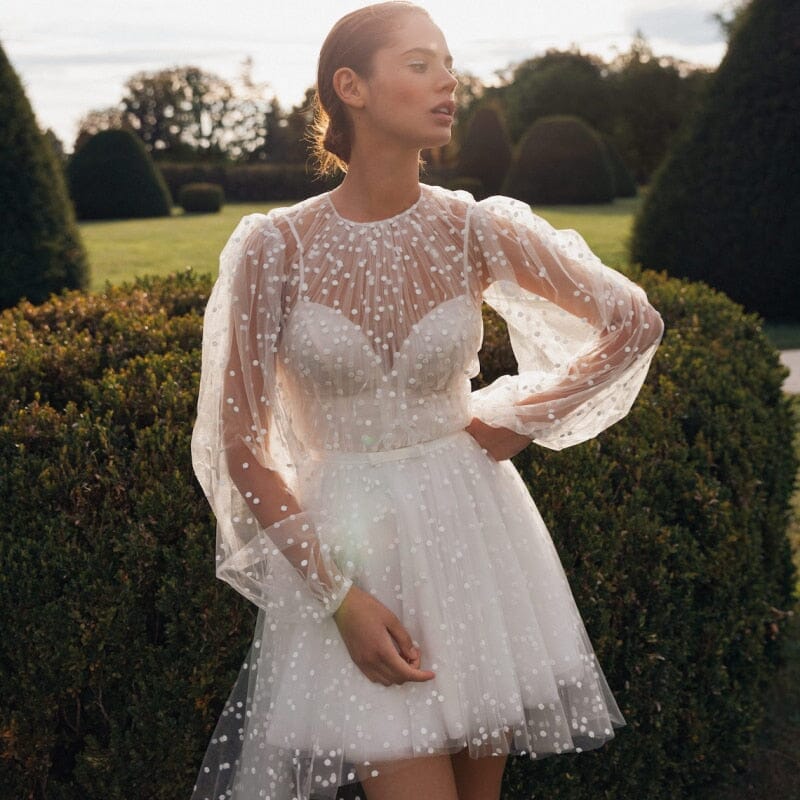 A Line Polka Dot Illusion Charm Asymmetrical Wedding Dress