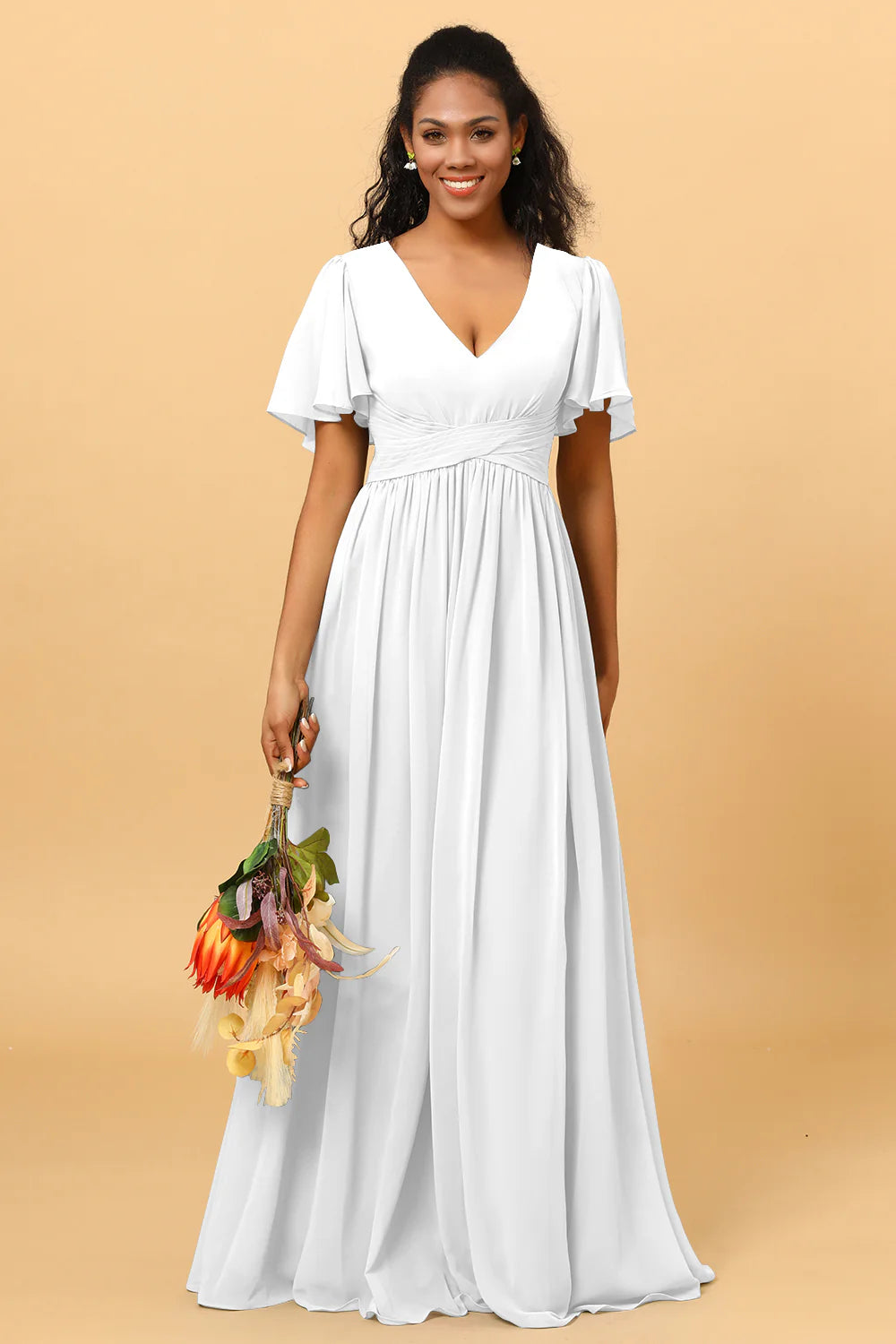 A Line V Neck Short Sleeves Chiffon Long Bridesmaid Dress