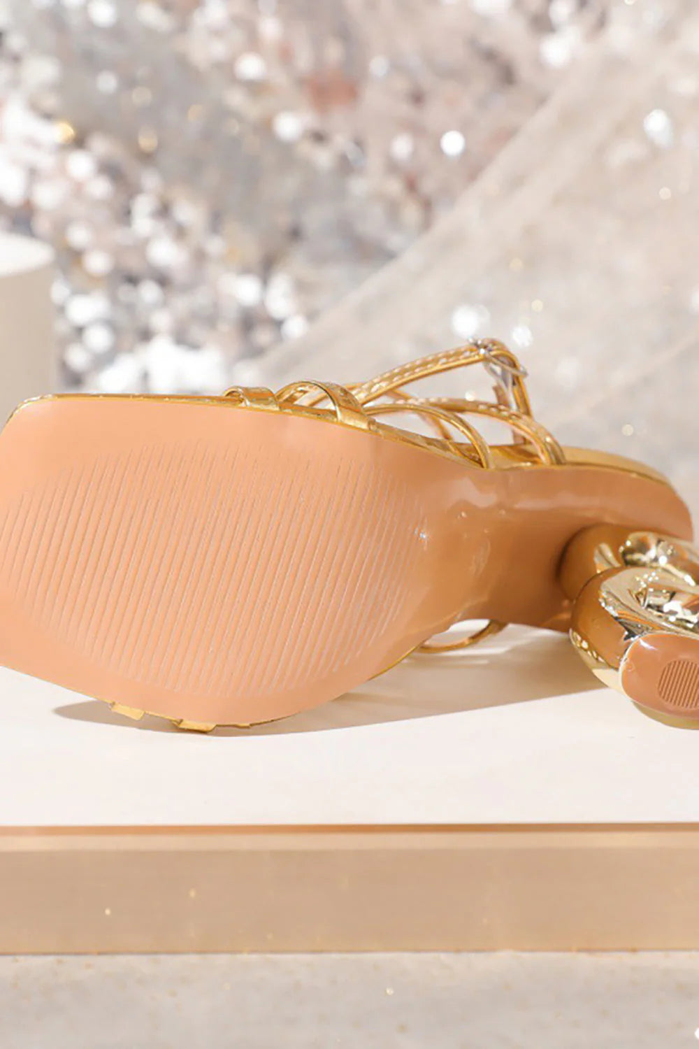 Womens Gold Ankle Strap High Heel Sandals With Unique Heel Design