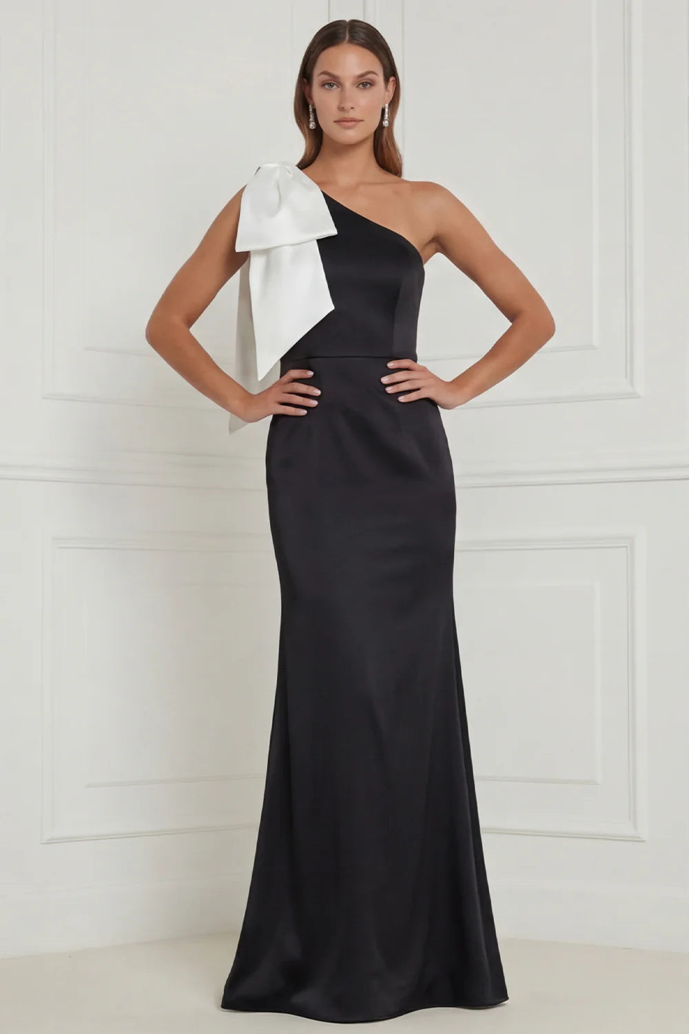 One Shoulder Black Mermaid Long Formal Dress with Bow