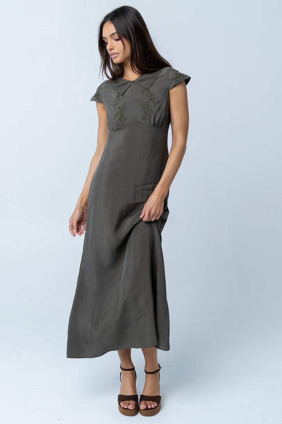 Tammy Embroidered Maxi Dress in Olive