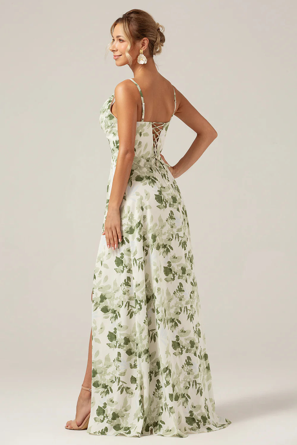 Green Printed A Line Cowl Neck Long Plus Size Bridesmaid Dress With Slit