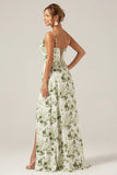 Green Printed A Line Cowl Neck Long Bridesmaid Dress With Slit